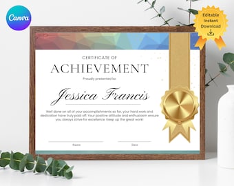 Certificado de logro, premio por logro, certificado de premio imprimible, editable, plantilla de certificado digital de alta calidad