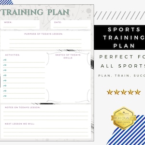 May include: A printable training plan template for sports. The template has sections for the week, date, purpose of today's lesson, activities, sketch of today's drills, notes on today's lesson, and next lesson we will. The template has a black and white abstract design with a gray background.