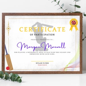 Cricket Certificate Template - Instant Download, High Quality Fully Customisable Design to Recognise an individual or a Team&#39;s Achievements