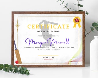Plantilla de certificado de cricket: descarga instantánea, diseño totalmente personalizable de alta calidad para reconocer los logros de una persona o un equipo