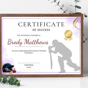 Cricket player Certificate Template, High Quality, Fully Customisable, Cricket team award, Cricket coach, Cricket theme award,