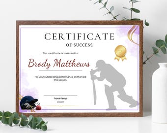 Plantilla de certificado de jugador de cricket, alta calidad, totalmente personalizable, premio de equipo de cricket, entrenador de cricket, premio de tema de cricket,