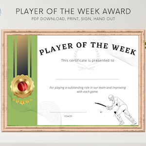 Cricket player of the week, Award Certificate - PDF ready to print, High Quality Design to Recognise an individual&#39;s Achievements
