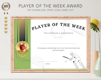 Jugador de críquet de la semana, Certificado de premio: PDF listo para imprimir, Diseño de alta calidad para reconocer los logros de un individuo
