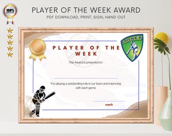 Jugador de críquet de la semana, Certificado de premio: PDF listo para imprimir, Diseño de alta calidad para reconocer los logros de un individuo