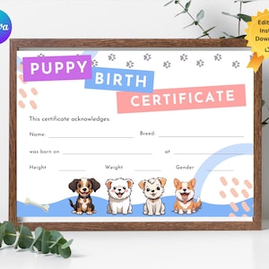 Sjabloon geboorteakte puppy, hoge kwaliteit, volledig aanpasbaar ontwerp, hondencertificaat, geboorteakte hond, adoptiecertificaat hond,