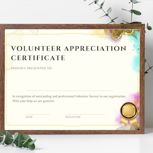 Regalo di ringraziamento per volontari, modello di certificato di riconoscimento per volontari, alta qualità, completamente personalizzabile. Apprezzamento per volontari.