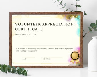 Volunteer Appreciation Certificate Template, Editable PDF (Digital Download)