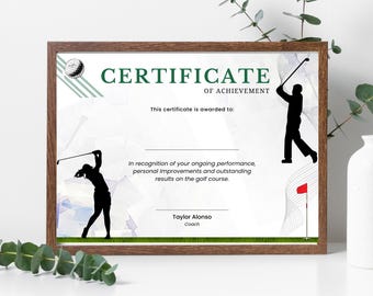 Plantilla de certificado de premio para jugador de golf, alta calidad, diseño totalmente personalizable, reconoce los logros de un jugador de golf, entrenador de golf.