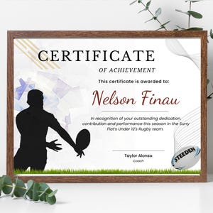 Modèle de certificat de joueur de rugby - téléchargement immédiat, design entièrement personnalisable de haute qualité pour reconnaître les réalisations d'un individu ou d'une équipe