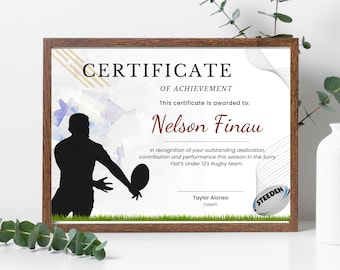 Plantilla de certificado de jugador de rugby: descarga instantánea, diseño totalmente personalizable de alta calidad para reconocer los logros de un individuo o equipo