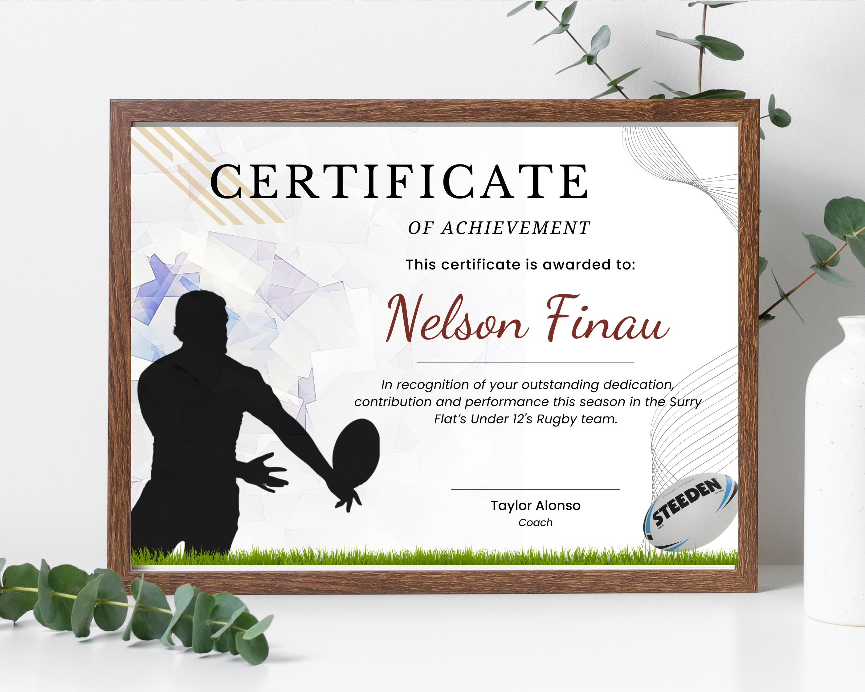 Rugby Player Certificate Template - Instant Download, High Quality ...