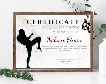 Plantilla de certificado de premio de kickboxing: MMA, Muay thai, descarga instantánea, alta calidad, certificado de diseño totalmente personalizable.