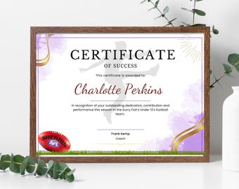 Plantilla de certificado de fútbol de la AFLW - Fútbol australiano, descarga instantánea, diseño totalmente personalizable de alta calidad, reconocimiento de logros.