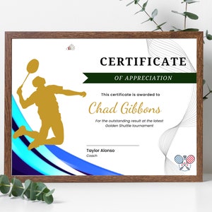Badminton Certificate Template - badminton player, badminton team, High Quality badminton award.