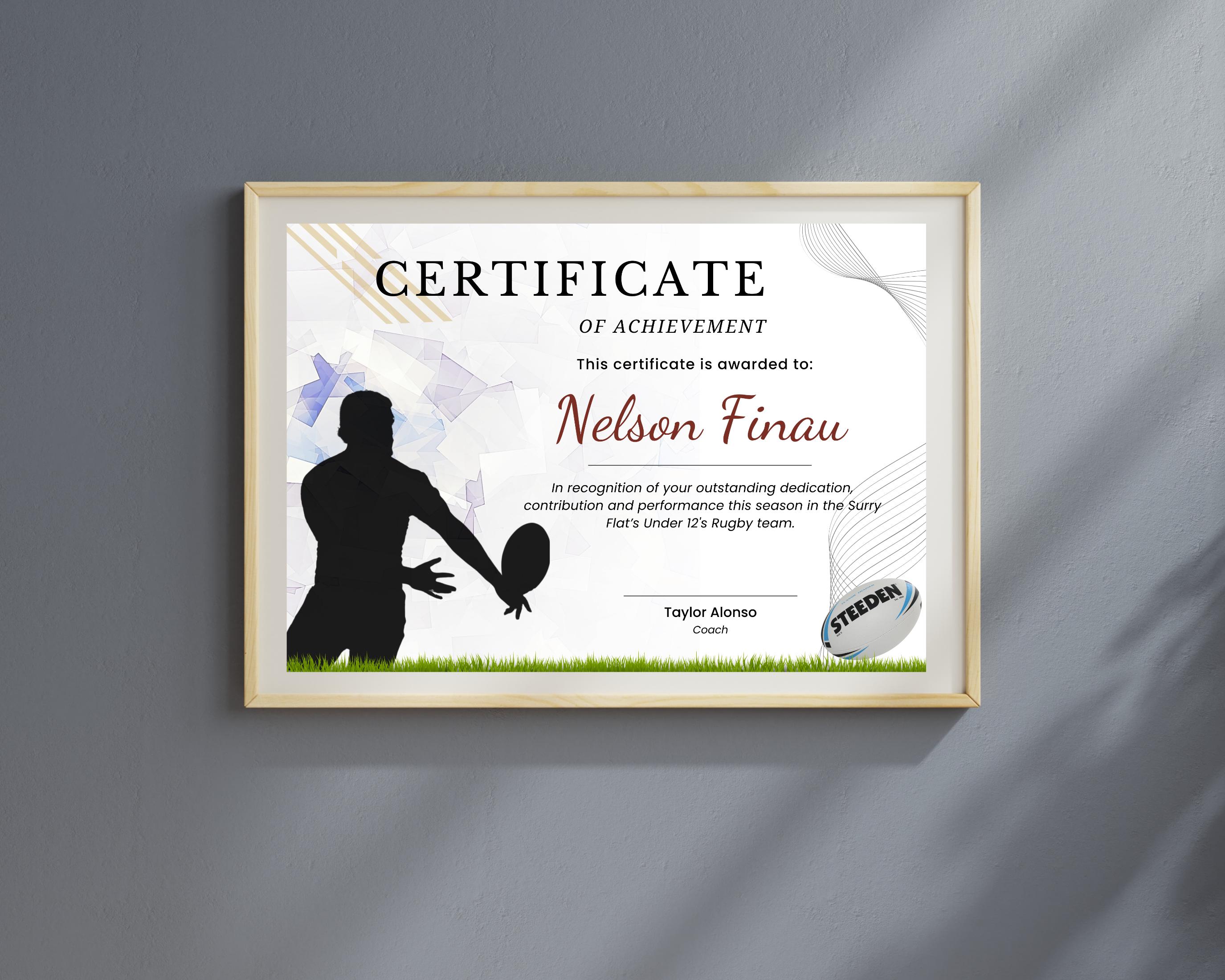 Rugby Player Certificate Template - Instant Download, High Quality ...