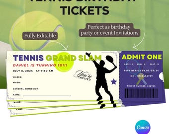 Entradas de cumpleaños para tenistas, aptas para cualquier evento de tenis. Fiesta temática de tenis, ideas para fiestas de cumpleaños deportivas. Jugador de tenis. Invitación editable.