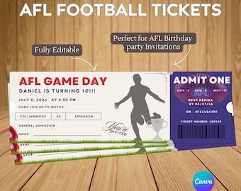 Entradas editables de la AFL para una fiesta de cumpleaños o un evento. Fútbol australiano. Entrada editable para un evento de la AFL.