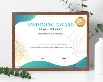 Swim class Certificate Template - Instant Download, High Quality Fully Customisable Design to Recognise individual or a Team's Achievements