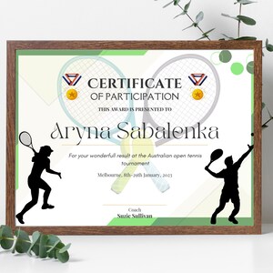 Certificado de prêmio de jogador de tênis, prêmio de equipe de tênis, treinador de tênis, download instantâneo, alta qualidade, design totalmente personalizável