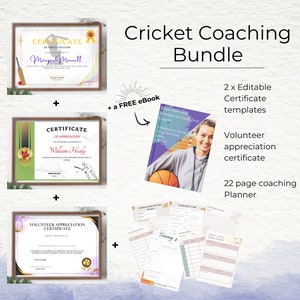 Cricket coaching bundle, Cricket Player Certificate Templates, Cricket Coaching Planner, Volunteer certificate template and free eBook