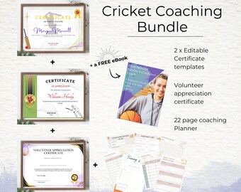 Paquete de entrenamiento de críquet, plantillas de certificado para jugadores de críquet, planificador de entrenamiento de críquet, plantilla de certificado para voluntarios y libro electrónico gratuito.