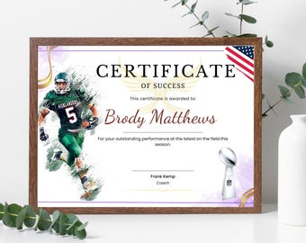 Plantilla de certificado de jugador de la NFL: personalice, diseño de futbolista estadounidense de alta calidad, reconozca los logros de una persona