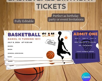 Entradas editables de baloncesto, Fiesta de cumpleaños o evento con temática de baloncesto, Entrada para evento de baloncesto, Jugador de baloncesto o té