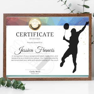 Badminton Certificate Template - Instant Download, High Quality, Fully Customisable Design to Recognise individual or a Team's Achievements