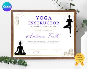Certificación de yoga, certificado de formación de yoga, curso de profesor de yoga, descarga instantánea, alta calidad, diseño totalmente personalizable.
