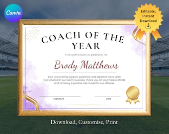 Certificado de premio al entrenador del año, plantilla de certificado editable, reconocimiento al entrenador deportivo, regalo para entrenador deportivo.