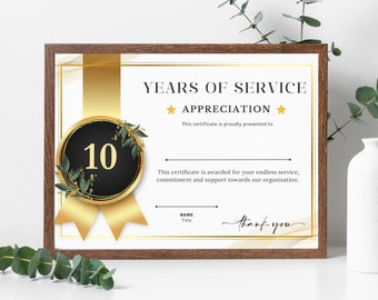 Years of Service Recognition Certificate, Appreciation, Happy retirement, Editable, high quality digital Certificate template