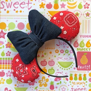 Red Bandana & Blue Jean Bow Mouse Ears