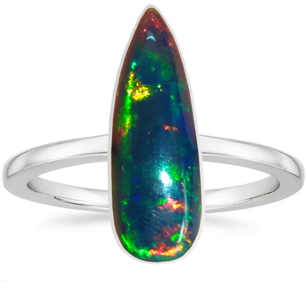 Silver ring  8 US ring site 6.95 Carat Natural Ethiopian Black Opal Multi Fire Cabochon Pears Shape 29x9 mm  #40