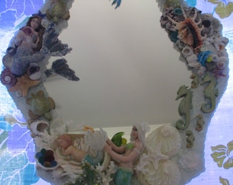 Sold Out.Request a Custom Made Mirror With Polymer Clay Mermaids,Sea Turtles,Sea Horses,Glass Fishes,Genuine Sea Glass,Sea Shells&Corals