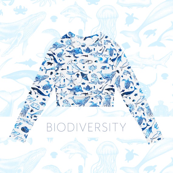 Beach or Gym Crop Top UPF 50+ - recycled polyester - long-sleeve - All Over Print - Biodiversity COLLECTION 