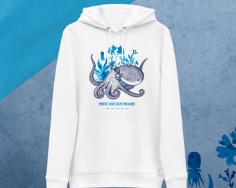 Hoodie, Unisex eco hoodie, Coconut Ocotpus, organic cotton, beach lover, eco friendly, marine life, under the sea, ocean art, marine art
