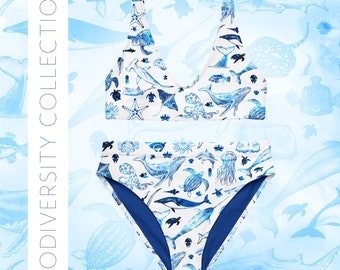 Bikini -  Recycled high-waisted bikini - Biodiversity Collection - sustainable swim wear, All-Over Print, marine drawings, ocean art