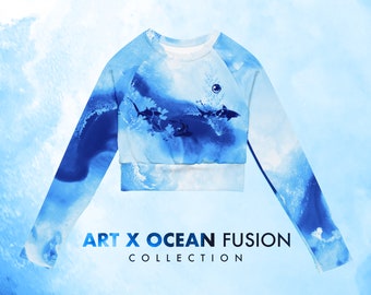 Beach or Gym Crop Top UPF 50+ - recycled polyester - long-sleeve - All Over Print - Ocean x Art Fusion Collection Shark Design