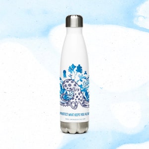 May include: White stainless steel water bottle with a blue and white illustration of an octopus and seaweed. The bottle has the text "Protect what keeps you alive" and a website address.