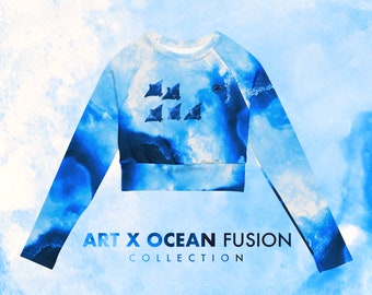 Beach or Gym Crop Top UPF 50+ - recycled polyester - long-sleeve - All Over Print - Ocean x Art Fusion Collection