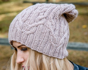 Hand knit beanie hat,women beige knit hat, handmade slouchy beanie, women's accessories, hat with cables