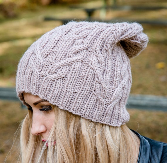 Hand Knit Beanie Hatwomen Beige Knit 