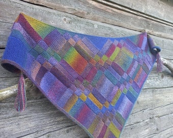 Hand knitted entrelac shawl,Hand knitted art triangle shawl,Wearable Art Wrap,Hand Knit Shawl In Patchwork Technique,Gift for Her,Gift Idea