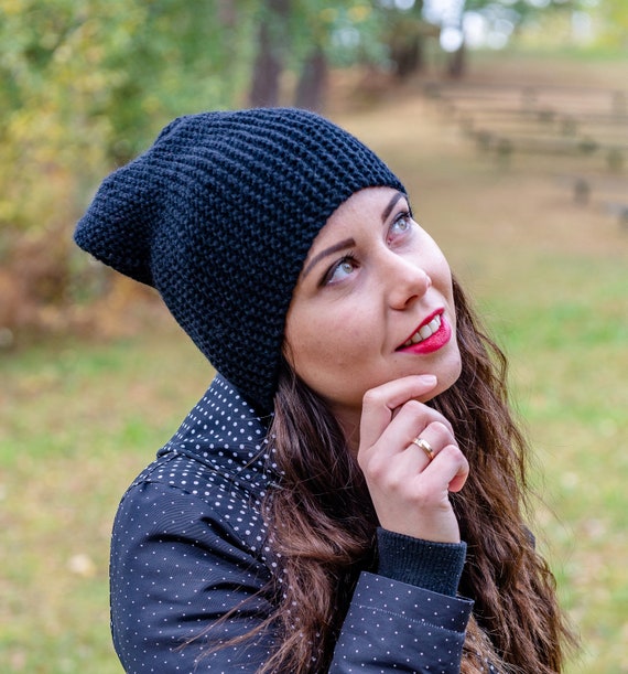 Hand Knit Black Beanie Hatwomen Knit 