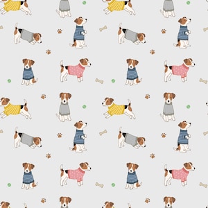 May include: A repeating pattern on a light gray background featuring illustrations of small dogs wearing sweaters in various colors including yellow, blue, gray, and pink, interspersed with small green tennis balls, bones, and brown paw prints.