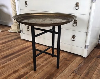End Table Hong Kong vintage brass over copper tray table global decor