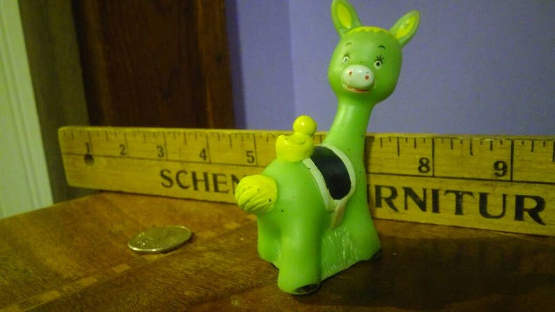 Vintage Green Rubber Llama Toy with Long Neck and Duck and Saddle on his Back