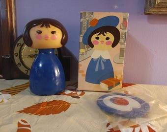 Free Shipping US NOS Vintage Avon Small World Cologne Mist French Girl in Blue Dress New Old Stock with Original Box and Beret and Collar