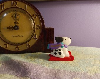 Free Shipping USA Hallmark 'Grandson' Dated 1996 Dog On Sled Ornament with a Purple Scarf, Black and White Spotted Dog in Red Sled/Sleigh